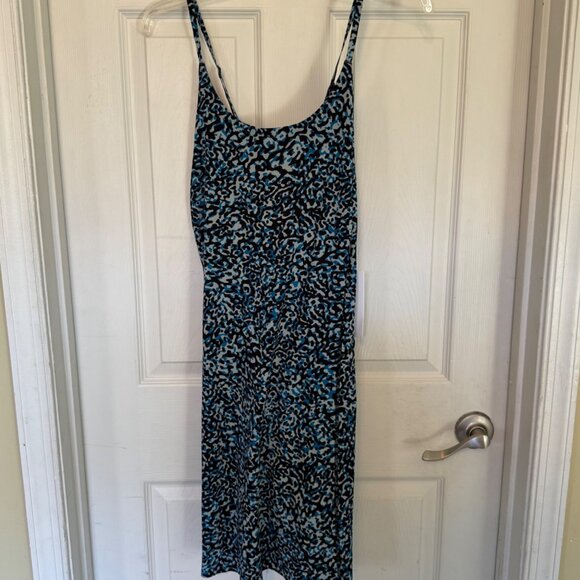 Athleta Infinty Dress Blue And Black Print Lined Racer Back Mini Dress XL NWT - Picture 1 of 10